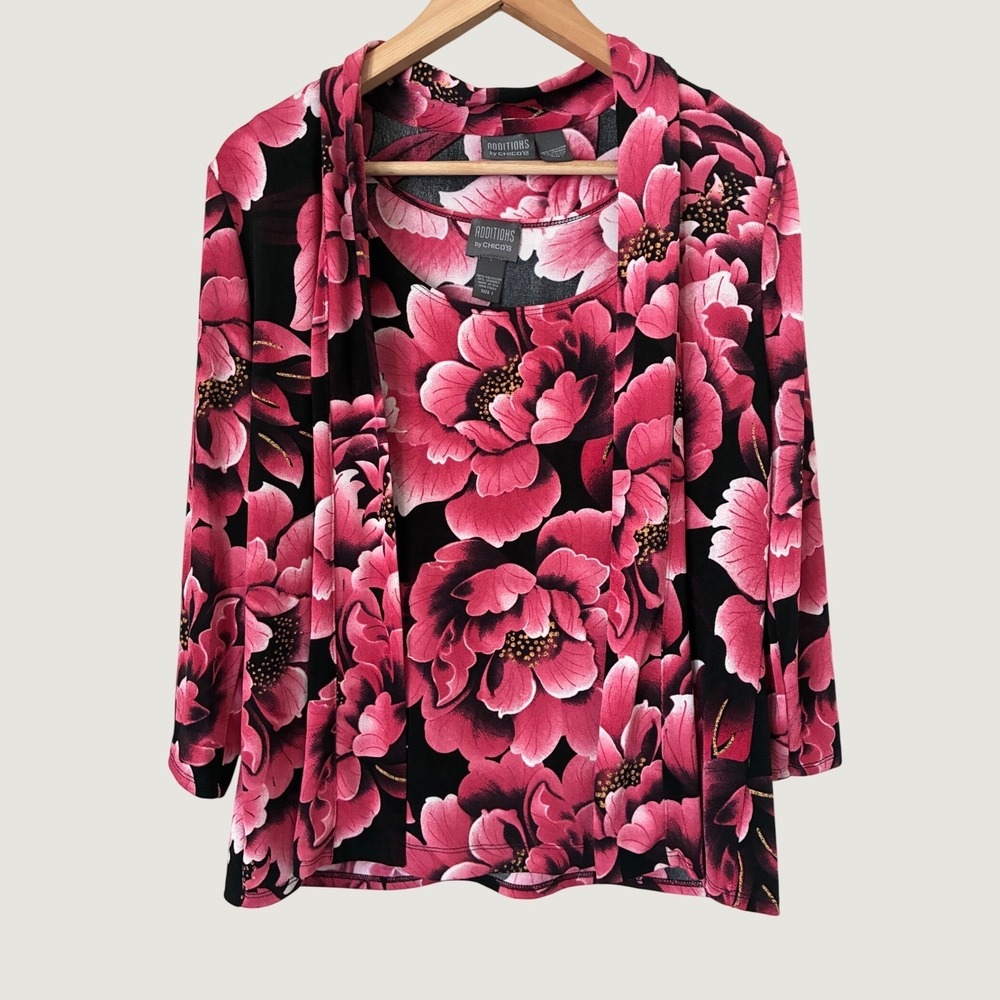 Additions by Chicos Peony Floral Cardigan Tank Set Pink Black VTG Romantic 1